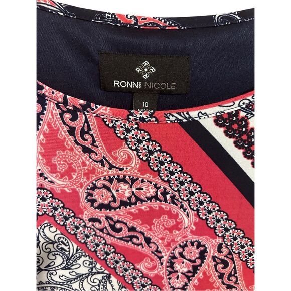 Ronni Nicole Women’s Size 10 Open Shoulder 3/4 Slv Lined Navy Printed Dress - Picture 3 of 16